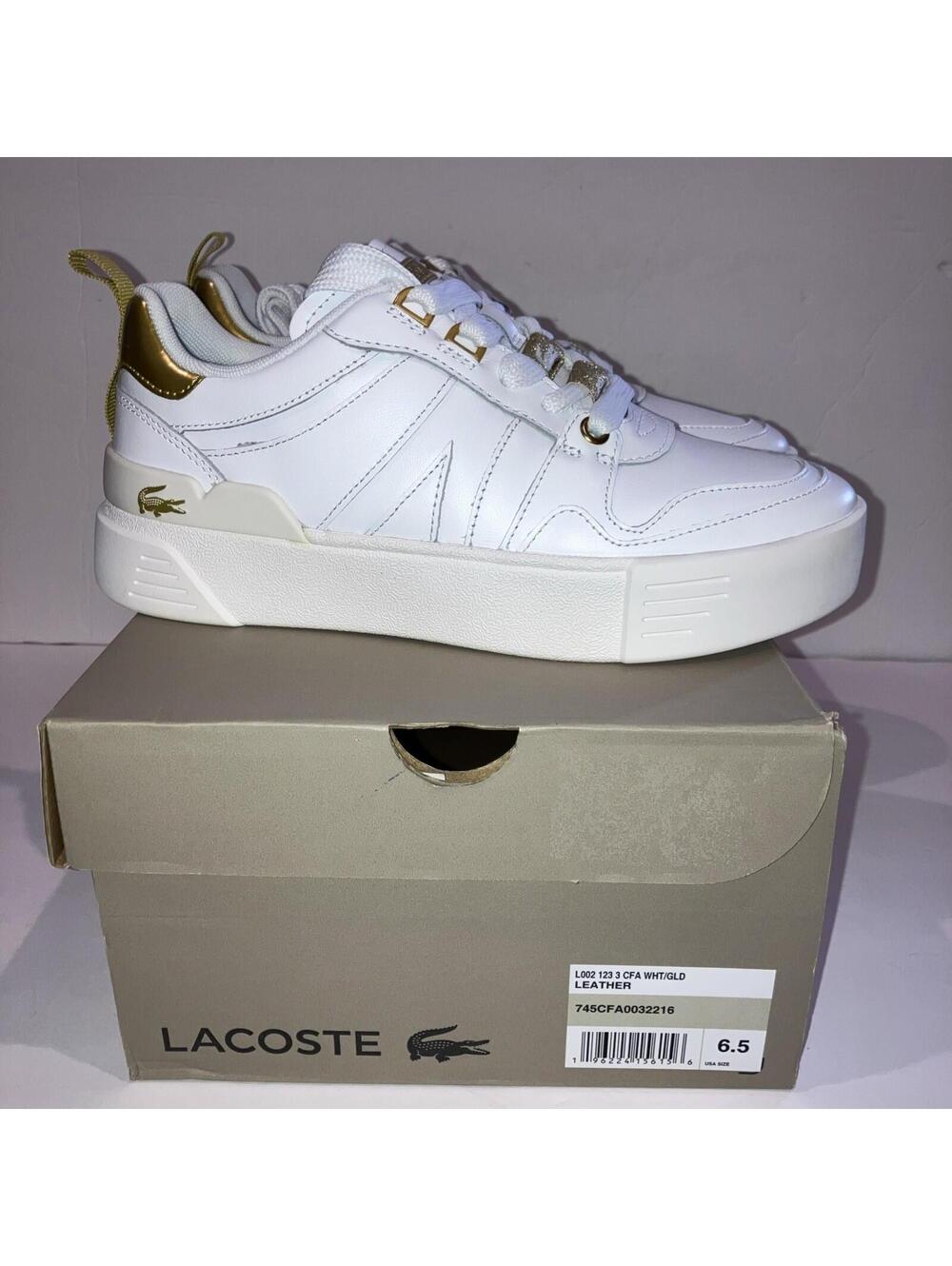 Lacoste Womens White Gold Leather Chunky Platform Sneakers Size 6.5 Kids 5 NEW